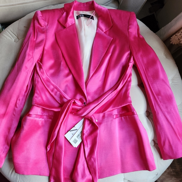 Zara satin effect blazer front tie sz M fuschia/pink BNWT - Picture 2 of 7